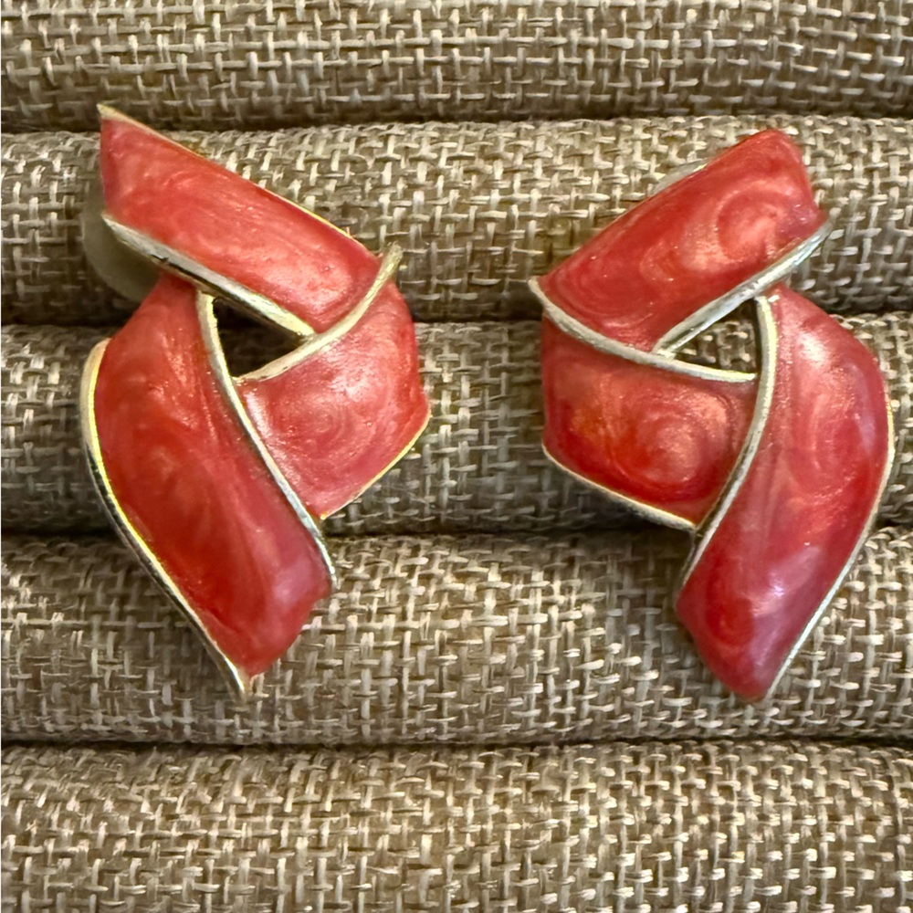 Chic Red Enamel and Gold Tone Swirl Earrings